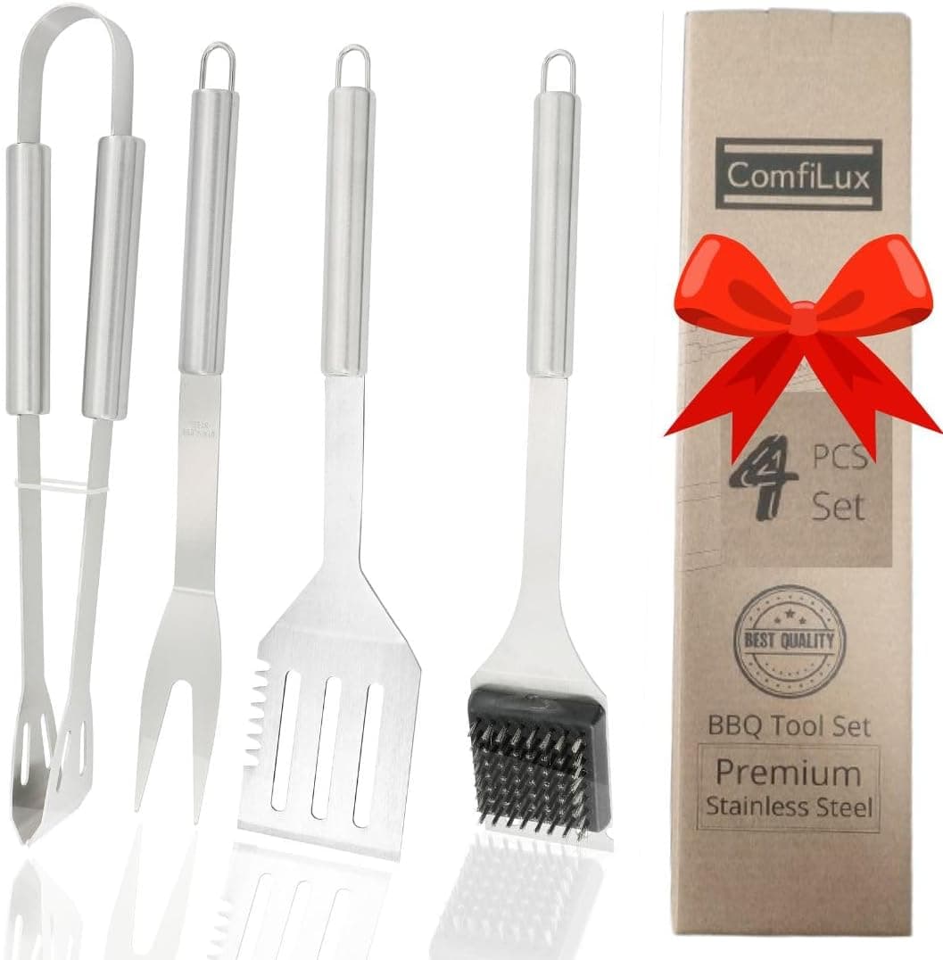 Stainless Steel BBQ Grill Tool Set 4 Piece - Spatula, Tongs, Brush, Fork 13.5"