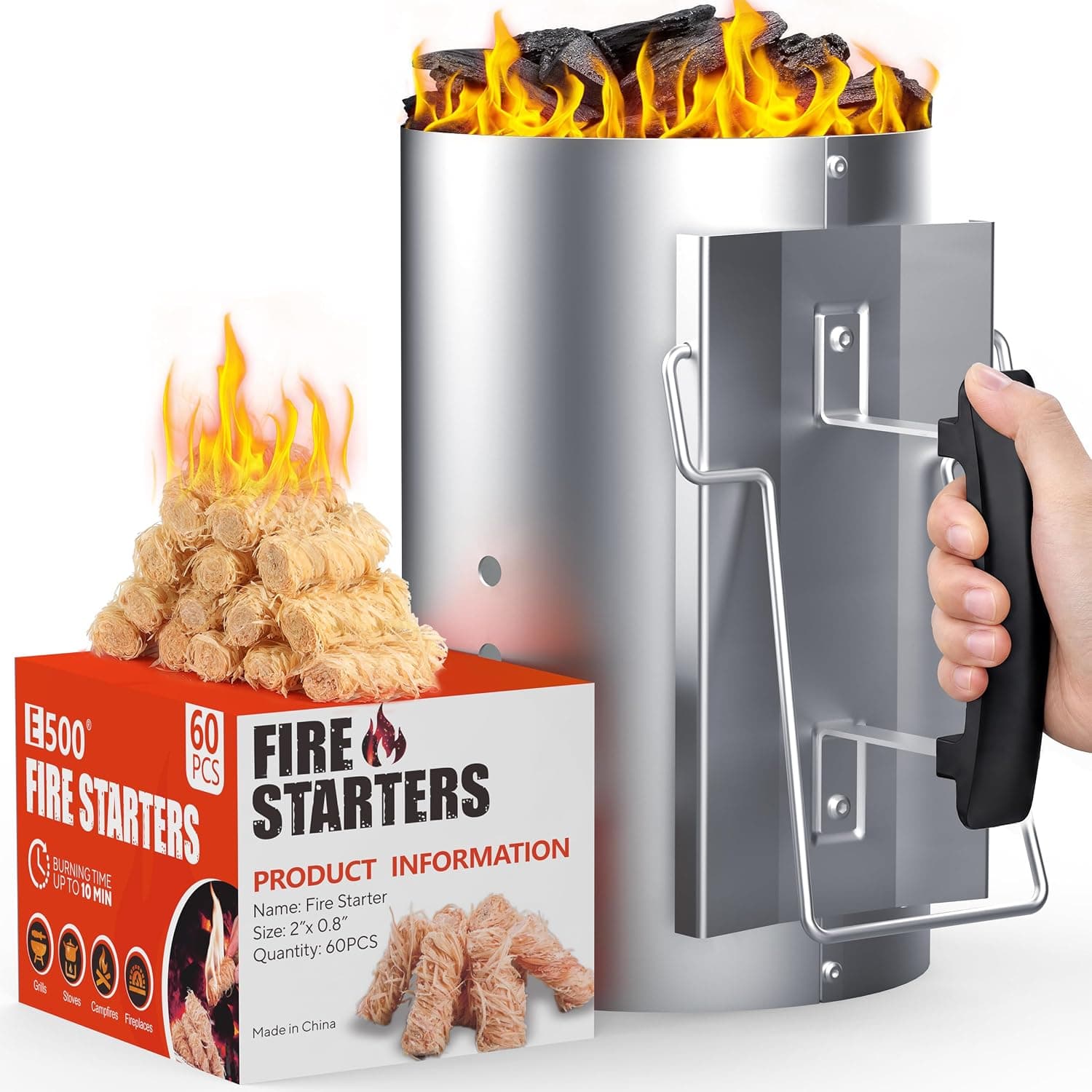 E500 Charcoal Chimney Starter with 60Pcs Charcoal Starter 7.5-Inch