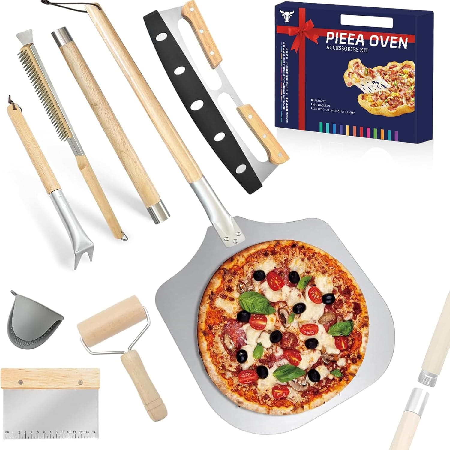 7PCS Pizza Oven Accessories Kit - Peel, Brush, Turner, Rocker Cutter, Dough Roller, Scraper