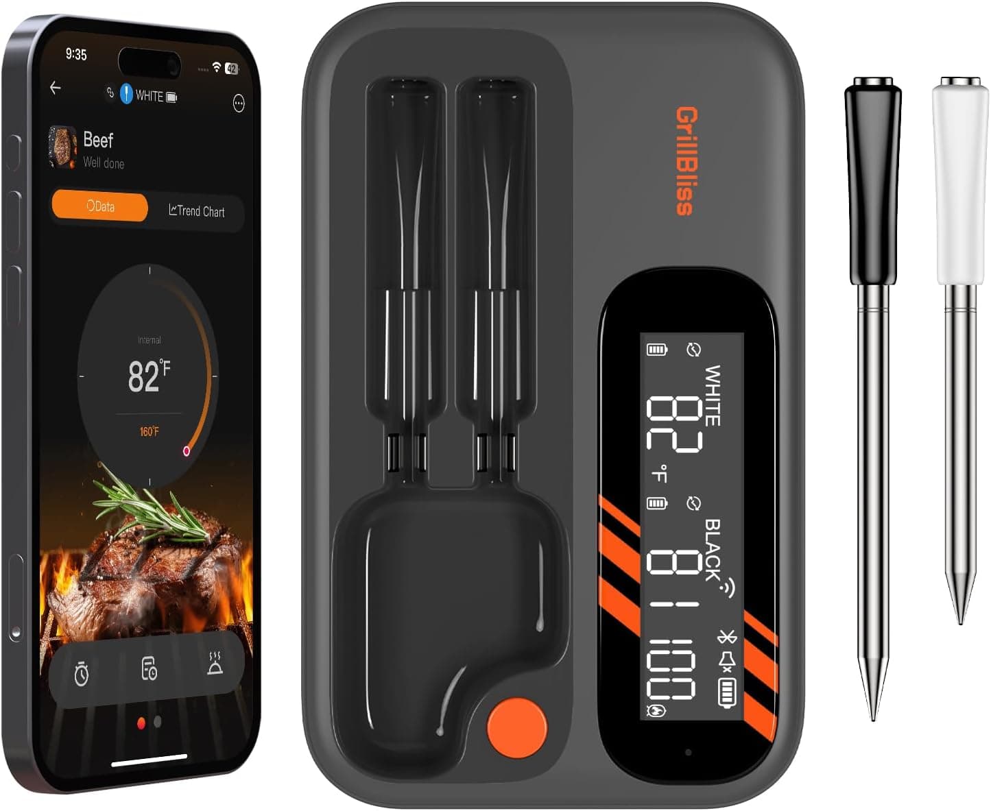GrillBliss Wireless Meat Thermometer 5G Wi-Fi & Bluetooth 5.4 IP67 Dual Probes