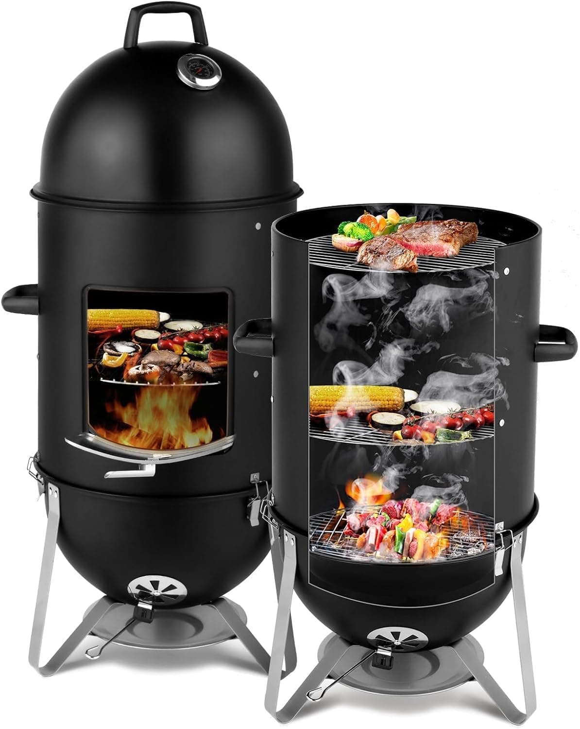 19 Inch Charcoal Bullet Smoker, Vertical, 3-Layer, Front Access Door