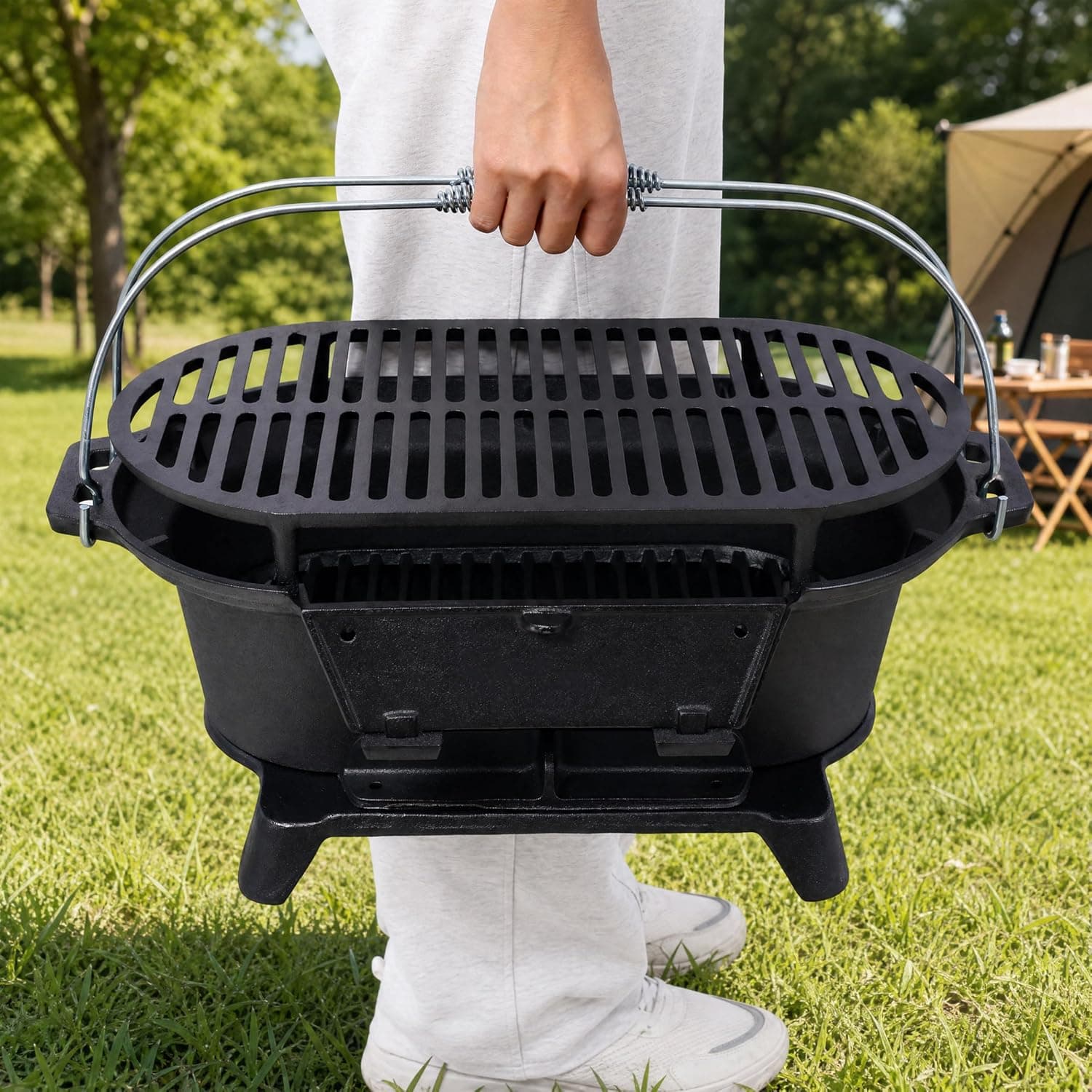Cast Iron Hibachi Grill Outdoor Yakitori Double-Sided Grate Built-in Handle