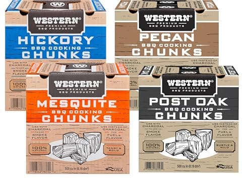 Western Wood Smoking Chunks Variety Pack - 4 Boxes (500 cu in Each) - Mesquite, Hickory, Pecan & Oak - All-Natural BBQ Wood for Grilling, Smoking Beef, Pork, Poultry & More (Variety Pack, Wood Chunks)