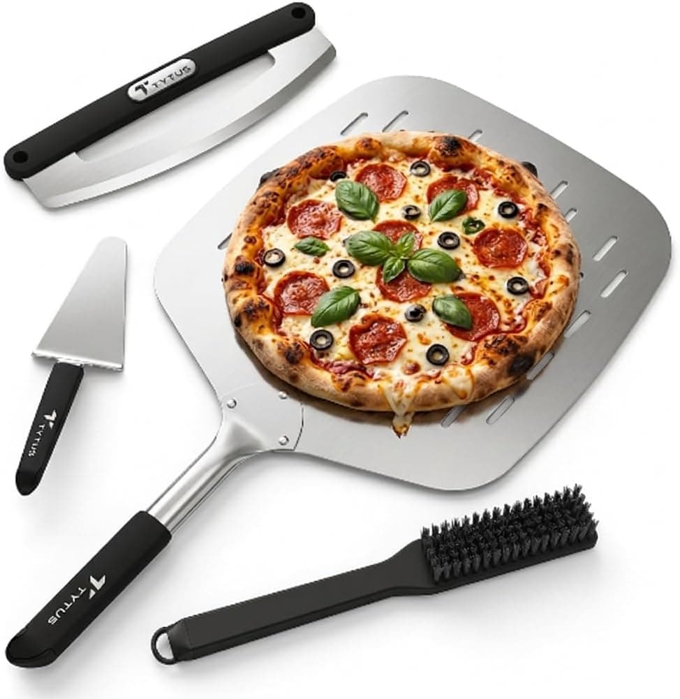 TYTUS Pizza Oven Tool Set 4 Pieces - Peel, Rocker, Server, Nylon Stone Brush
