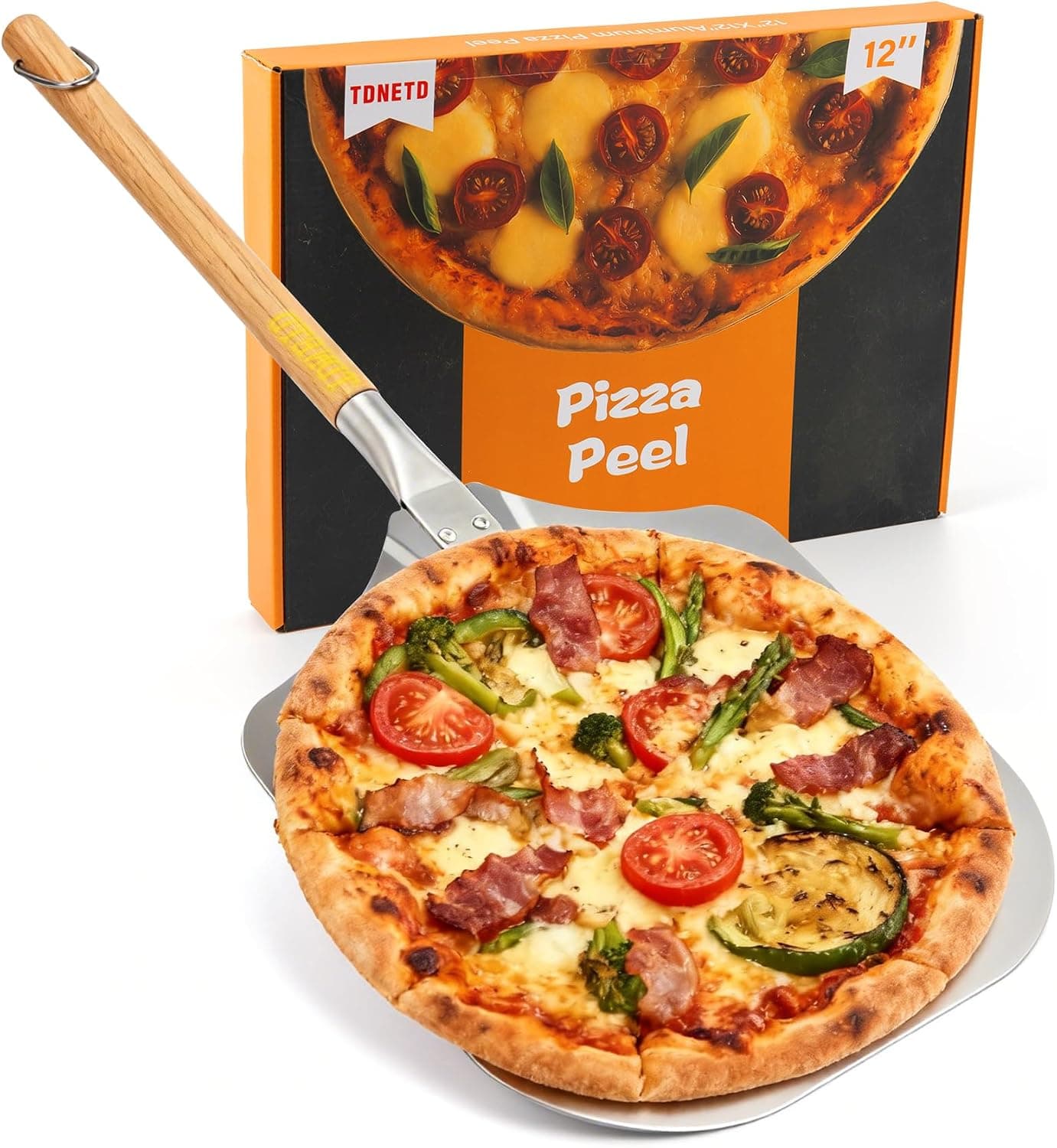 Aluminum Metal Pizza Turning Peel 12x14, 30.1" Long with Detachable Wooden Handle