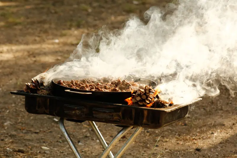 Smoky outdoor grilling with pine cone fire on a portable barbecue grill